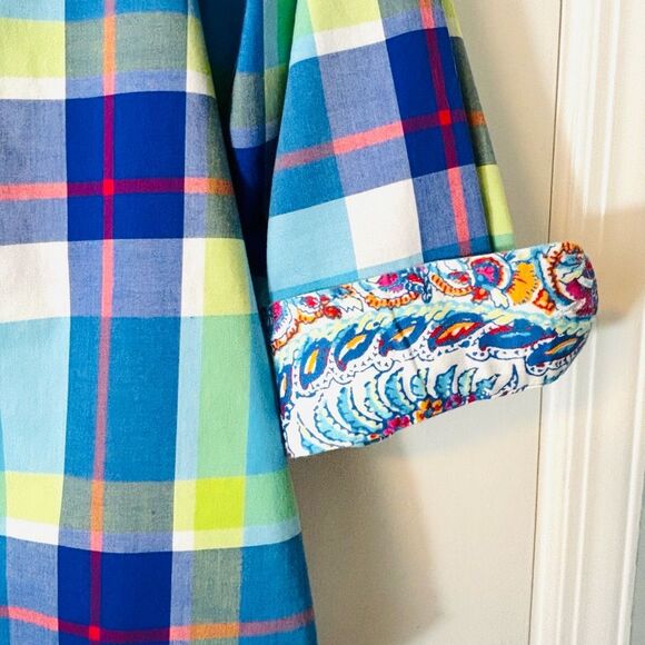 Chaps L No-Iron cotton plaid 3/4 sleeve paisley print cuffs button up shirt - Picture 5 of 13